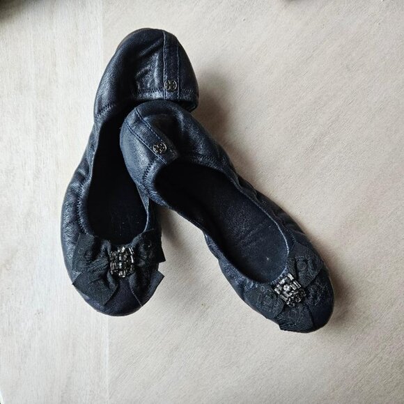Dark Navy Ballet Flat Rhinestone Bow Size 10 - Picture 3 of 9